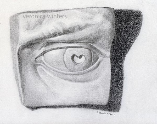 Placement of highlights in graphite drawing, david's eye drawing