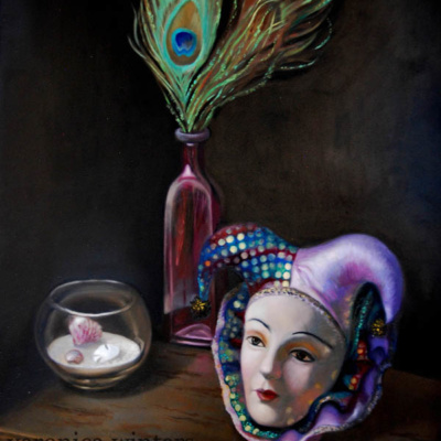 contemporary realism art oil painting with mask and peacock feathers by veronica winters