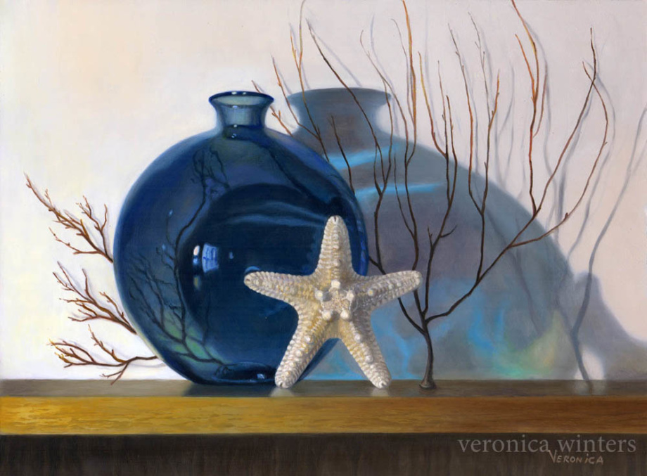 contemporary realism still life with blue vase and starfish-oil on panel-12x16-veronica-winters