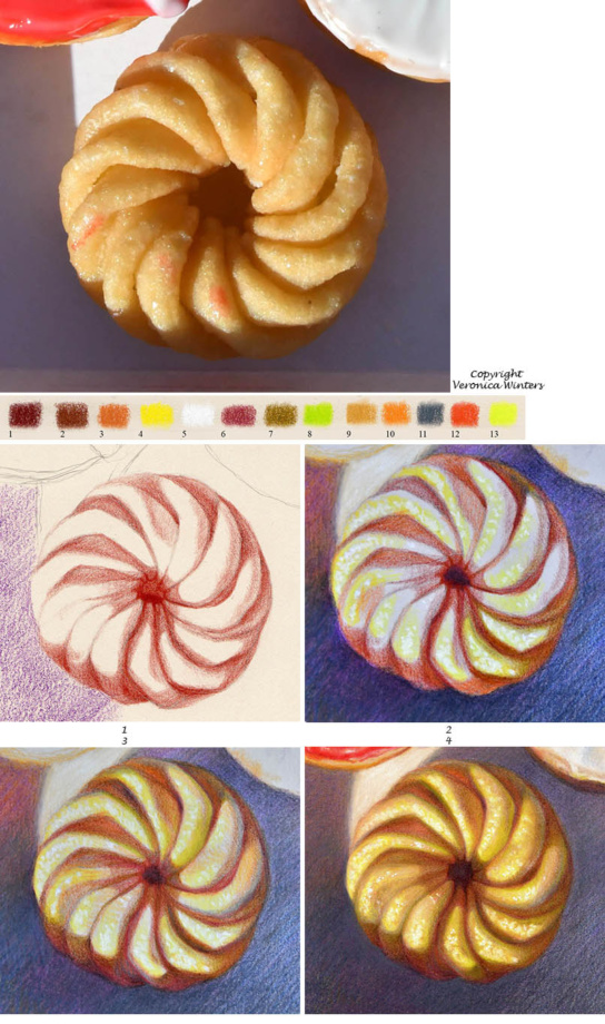 step by step colored pencil drawing of donut_veronica winters