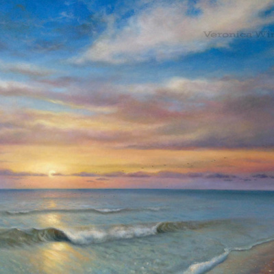realism oil painting of ocean sunset