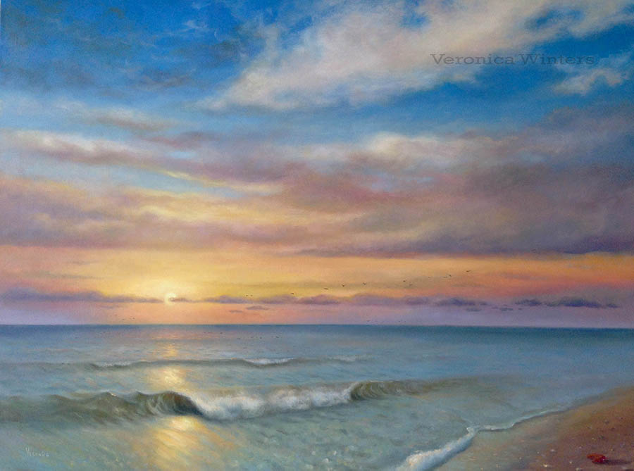 Realism oil painting sunset by the ocean – Veronica Winters Romantic