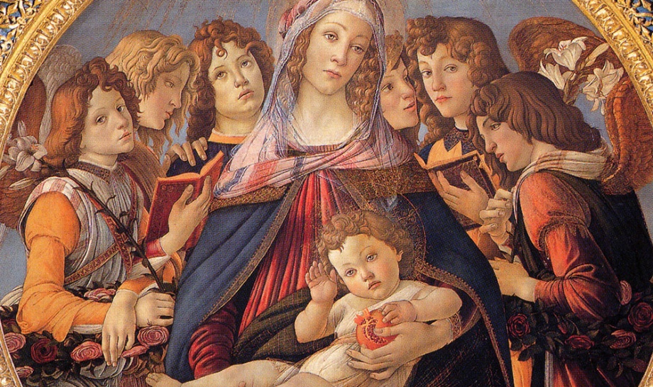 Madonna of the Pomegranate (1487), tempera on panel, Sandro Botticelli closeup
