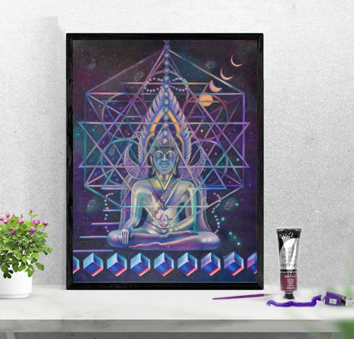 veronica winters colored pencil drawing of cosmic buddha in frame