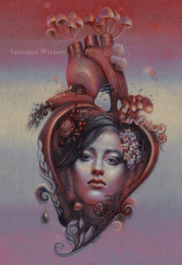 veronica winters colored pencil art, mushroom heart