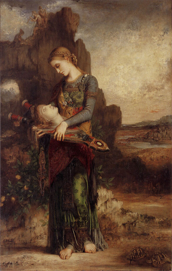Thracian Girl Carrying the Head of Orpheus on His Lyre by Gustave Moreau-1865