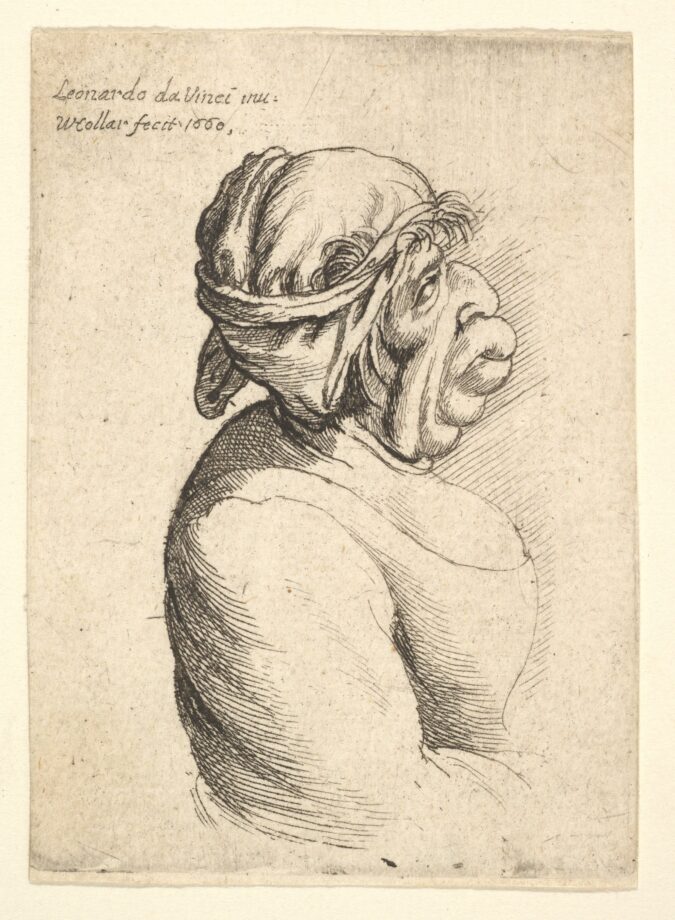 Bust of woman with protruding mouth-etching by Wenceslaus Hollar after da vinci.