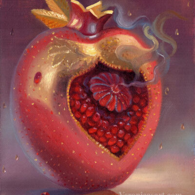 Golden Pomegranate Heart, oil painting, 5x7in, Veronica Winters