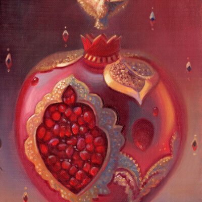 pomegranate heart oil painting, 5x7, visionary art by veronica winters