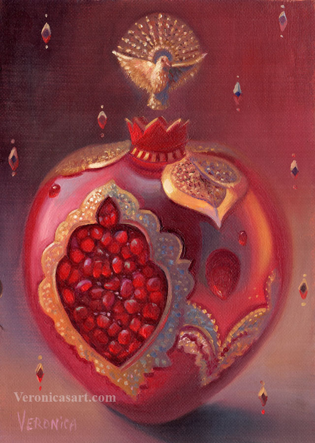 pomegranate heart oil painting, 5x7, visionary art by veronica winters