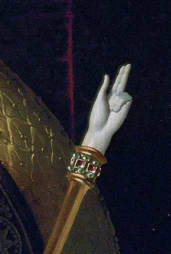 Jean-Auguste-Dominique Ingres, Napoleon on his Imperial Throne, 1806, detail of the hand of justice