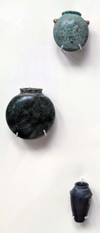 Examples of malachite jar with gold, amazonite jar and miniature basalt jar British Museum